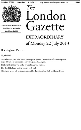 Prince George Birth Gazette Notice
